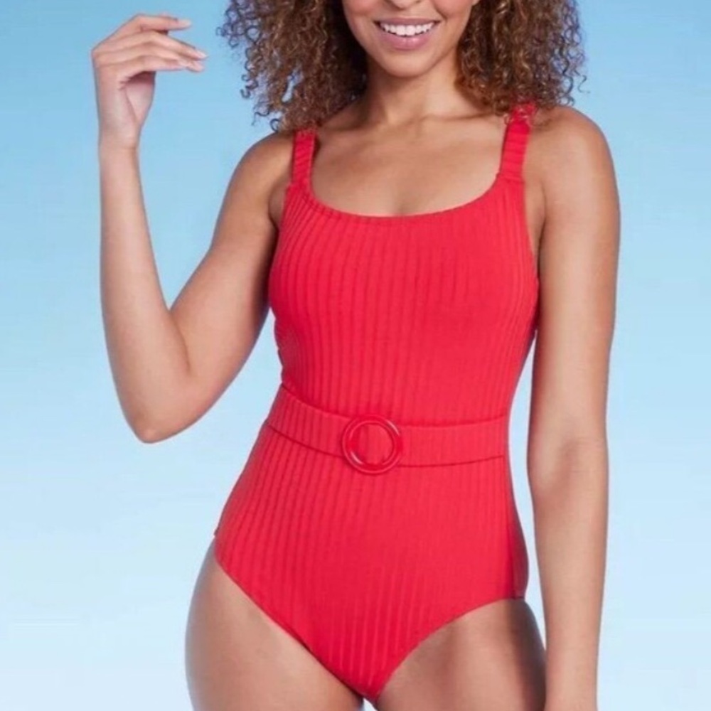 Red Ribbed Front Belt Full Coverage Swimsuit - Shade & Shore